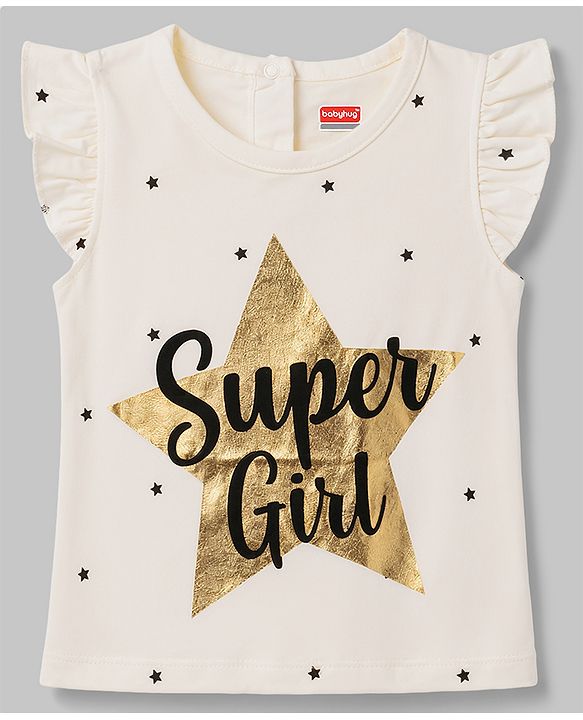 Babyhug 100% Cotton Knit Frill Sleeves T-Shirt with Glitter Star Print - White