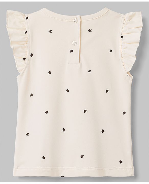 Babyhug 100% Cotton Knit Frill Sleeves T-Shirt with Glitter Star Print - White