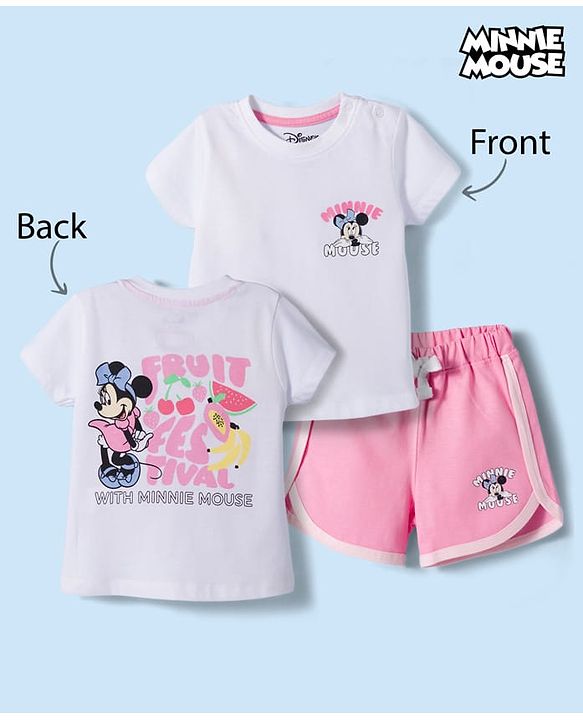 Babyhug Disney Single Jersey Knit Half Sleeves T-Shirt & Shorts Set With Minnie Mouse Graphics - Multicolor