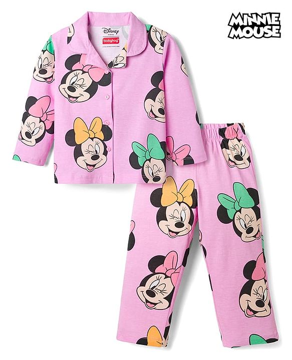 Babyhug Disney Single Jersey Knit Full Sleeves Shirt & Pyjama Co-ord Night Suit With Minnie Mouse Print - Pink