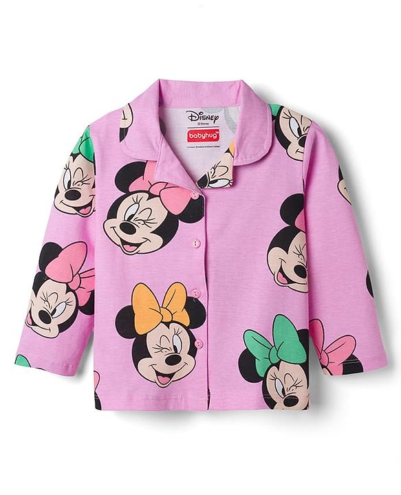 Babyhug Disney Single Jersey Knit Full Sleeves Shirt & Pyjama Co-ord Night Suit With Minnie Mouse Print - Pink