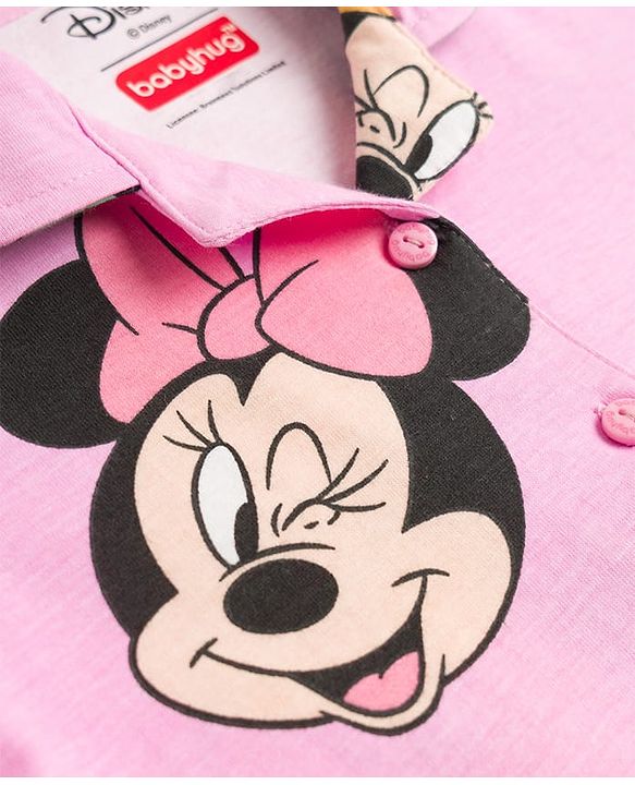 Babyhug Disney Single Jersey Knit Full Sleeves Shirt & Pyjama Co-ord Night Suit With Minnie Mouse Print - Pink