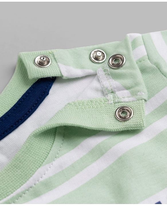 Babyhug 100% Cotton Knit Half Sleeves T-Shirt with Striped & Bear Print -Mint
