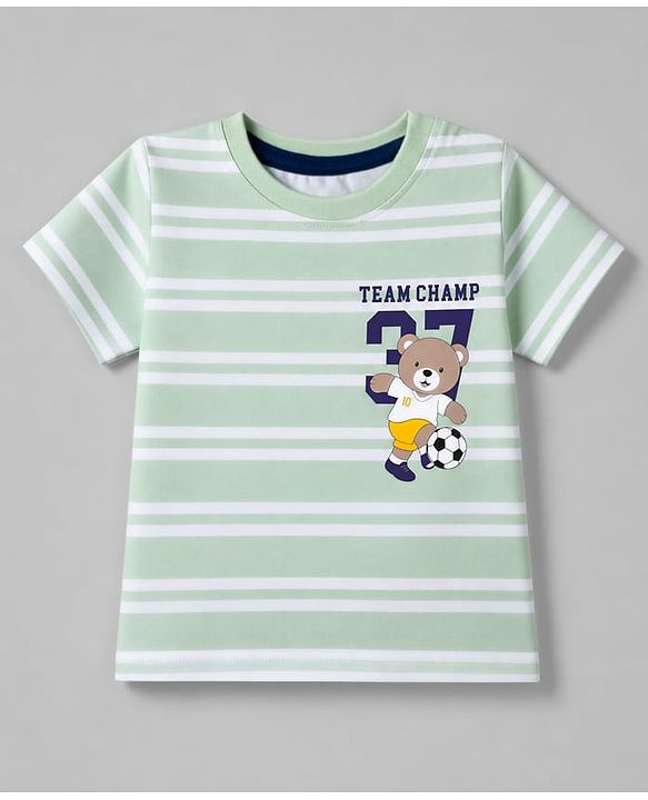 Babyhug 100% Cotton Knit Half Sleeves T-Shirt with Striped & Bear Print -Mint