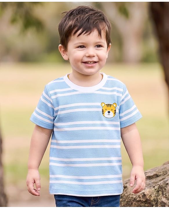 Babyhug Cotton Knit T-Shirts Half Sleeves Striped Structured with Graphics Multi Color 12-18 Months