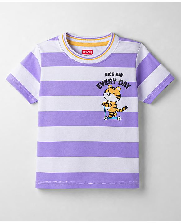 Babyhug Cotton Knit T-Shirts Half Sleeves Striped with Graphics Multi Color 6-9 Months