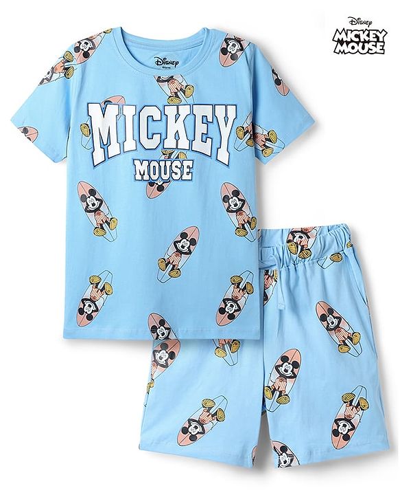 Pine Kids Disney Single Jersey Knit Half sleeves T-shirts & Shorts Night Suit With Mickey Mouse Print - Light Blue