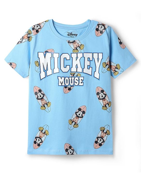 Pine Kids Disney Single Jersey Knit Half sleeves T-shirts & Shorts Night Suit With Mickey Mouse Print - Light Blue