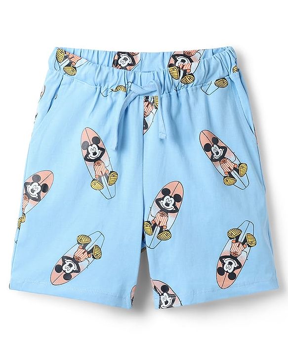 Pine Kids Disney Single Jersey Knit Half sleeves T-shirts & Shorts Night Suit With Mickey Mouse Print - Light Blue