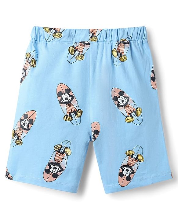 Pine Kids Disney Single Jersey Knit Half sleeves T-shirts & Shorts Night Suit With Mickey Mouse Print - Light Blue