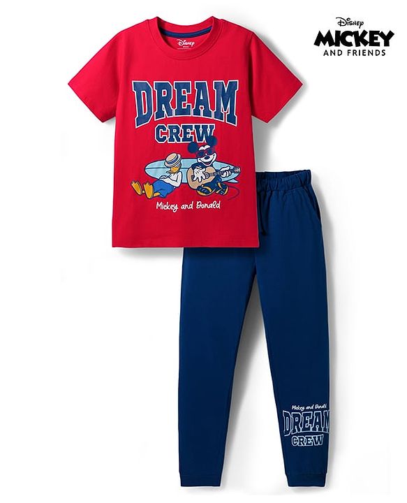 Pine Kids Disney Single Jersey Knit Half Sleeves T-Shirt Pyjama Night Suit With Mickey & Donald Print - Multicolour