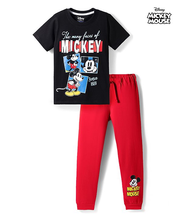 Pine Kids Disney Single Jersey Knit Half Sleeves T-Shirt & Pyjama Night Suit with Mickey Mouse Graphics - Multicolor