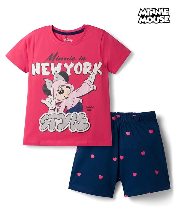 Pine Kids Disney 100% Cotton Knit Half Sleeves T-Shirt & Shorts Night Suit With Minnie Mouse Graphics-Multicolor