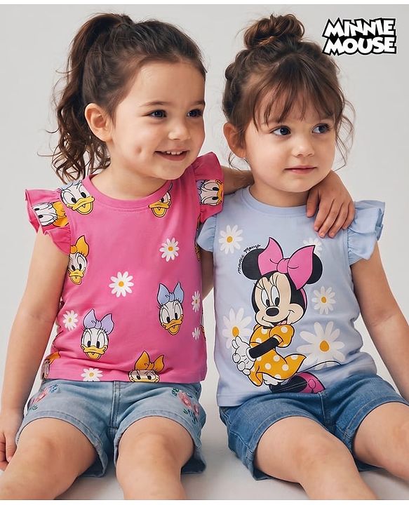 Babyhug Disney Single Jersey Knit Sleeveless T - Shirts with Daisy Duck Minnie Mouse & Floral Print Pack of 2 - Pink & Light  Blue