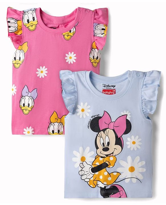 Babyhug Disney Single Jersey Knit Sleeveless T - Shirts with Daisy Duck Minnie Mouse & Floral Print Pack of 2 - Pink & Light  Blue