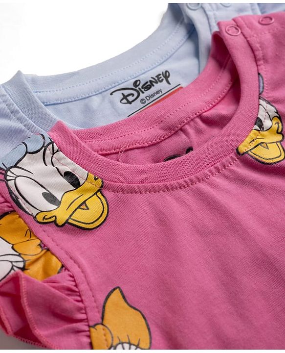 Babyhug Disney Single Jersey Knit Sleeveless T - Shirts with Daisy Duck Minnie Mouse & Floral Print Pack of 2 - Pink & Light  Blue