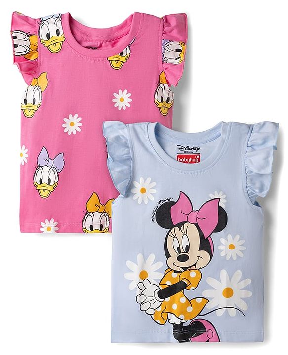 Babyhug Disney Single Jersey Knit Sleeveless T - Shirts with Daisy Duck Minnie Mouse & Floral Print Pack of 2 - Pink & Light  Blue
