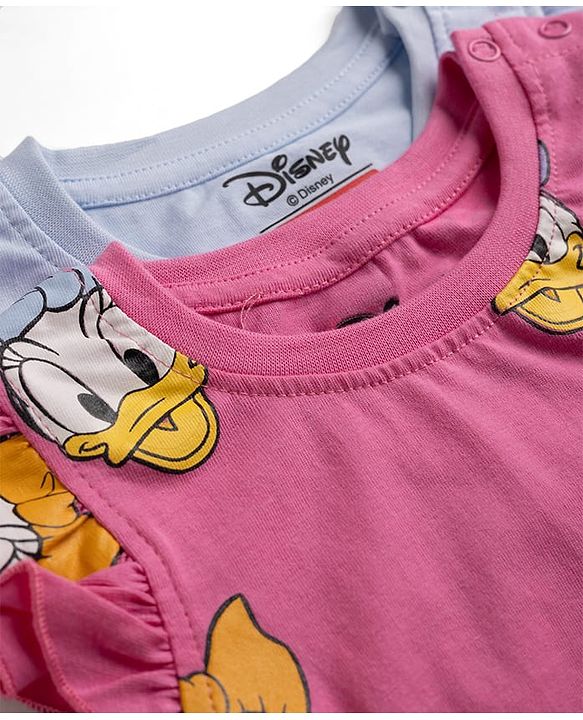 Babyhug Disney Single Jersey Knit Sleeveless T - Shirts with Daisy Duck Minnie Mouse & Floral Print Pack of 2 - Pink & Light  Blue