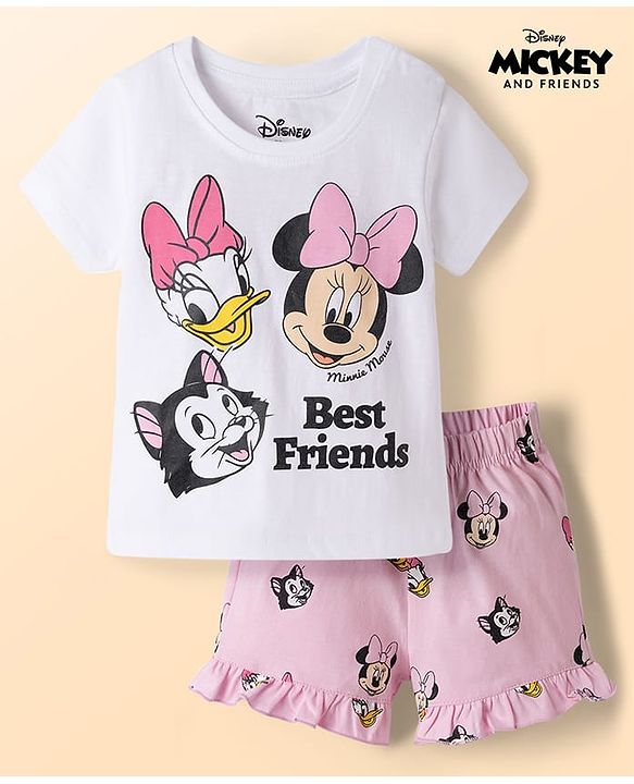 Babyhug Disney Single Jersey Knit Half Sleeves T-Shirt & Shorts  Night Suit with Minnie & Friends Graphics - Multicolour