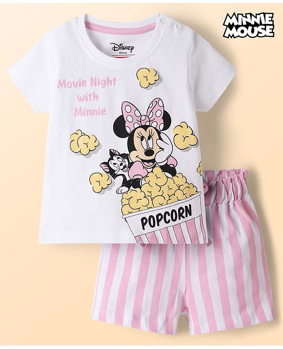 Babyhug Disney Single Jersey Knit Half Sleeves T-Shirt & Shorts Night Suit with Minnie Mouse Graphics - White