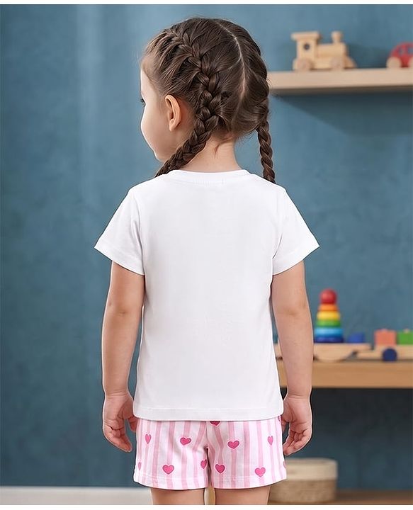Babyhug Disney Single Jersey Knit Half Sleeves T-Shirt & Shorts Night Suit With Minnie Mouse & Friends Graphics - White
