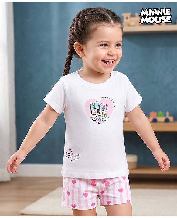 Babyhug Disney Single Jersey Knit Half Sleeves T-Shirt & Shorts Night Suit With Minnie Mouse & Friends Graphics - White