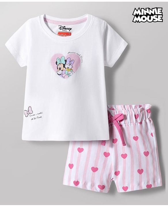 Babyhug Disney Single Jersey Knit Half Sleeves T-Shirt & Shorts Night Suit With Minnie Mouse & Friends Graphics - White