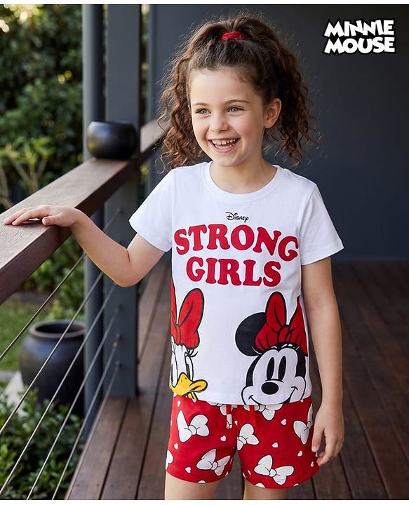 Pine Kids Disney Single Jersey Knit Half Sleeves T-Shirt & Shorts Night Suit With Minnie & Donald Print - Multicolour