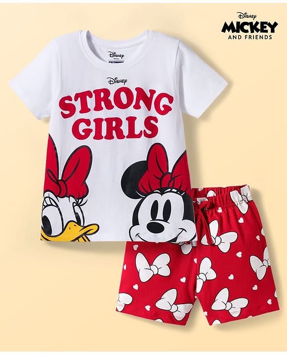 Pine Kids Disney Single Jersey Knit Half Sleeves T-Shirt & Shorts Night Suit With Minnie & Donald Print - Multicolour
