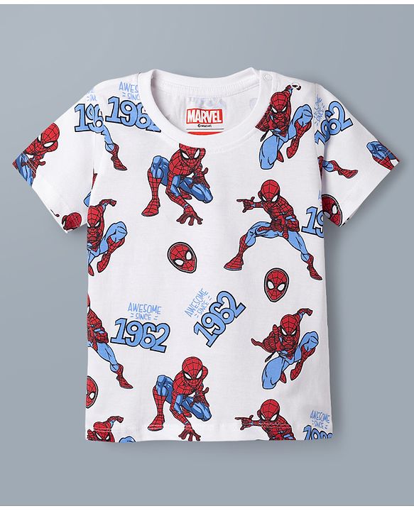 Babyhug Single Jersey Knit Half Sleeves Co-Ords T-Shirt & Shorts Night Suit with Spider-Man Print - White
