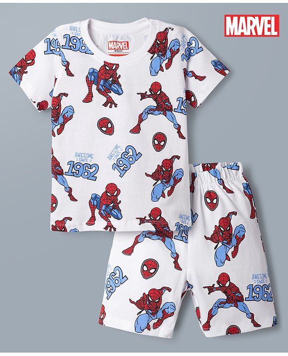 Babyhug Single Jersey Knit Half Sleeves Co-Ords T-Shirt & Shorts Night Suit with Spider-Man Print - White