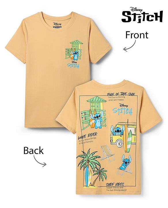 Pine Kids Disney Single Jersey Knit Half Sleeve T-Shirt with Stitch Front & Back Print - Beige