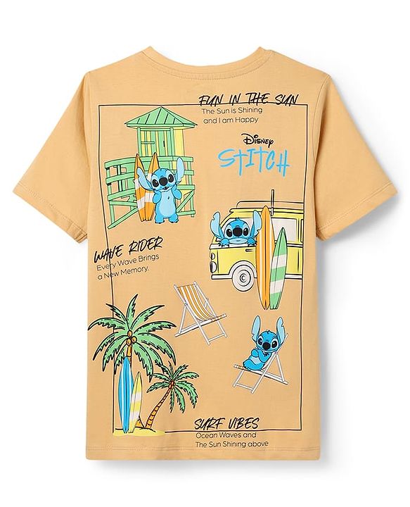 Pine Kids Disney Single Jersey Knit Half Sleeve T-Shirt with Stitch Front & Back Print - Beige