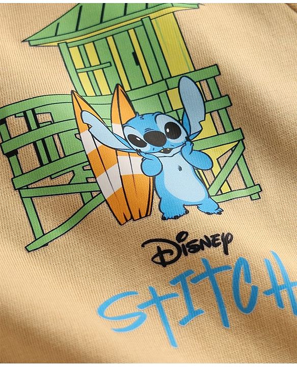 Pine Kids Disney Single Jersey Knit Half Sleeve T-Shirt with Stitch Front & Back Print - Beige