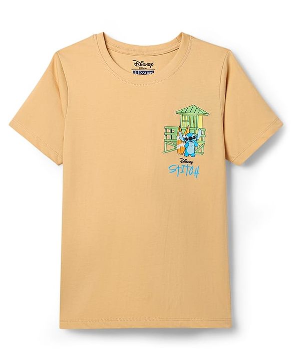 Pine Kids Disney Single Jersey Knit Half Sleeve T-Shirt with Stitch Front & Back Print - Beige