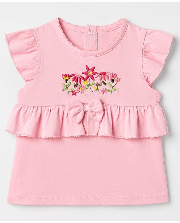 Babyhug 100% Cotton Knit Top with Frill Sleeves and Floral Embroidery -Pink