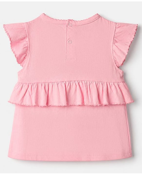 Babyhug 100% Cotton Knit Top with Frill Sleeves and Floral Embroidery -Pink