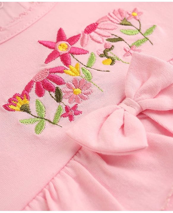 Babyhug 100% Cotton Knit Top with Frill Sleeves and Floral Embroidery -Pink