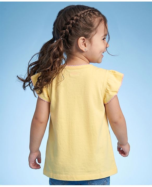 Babyhug 100% Cotton Knit Top with Frill Sleeves and Floral Embroidery - Yellow