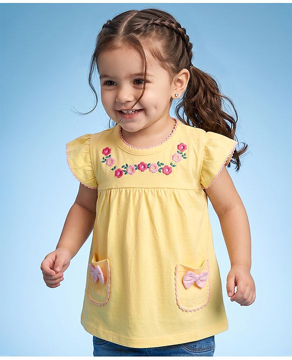 Babyhug 100% Cotton Knit Top with Frill Sleeves and Floral Embroidery - Yellow