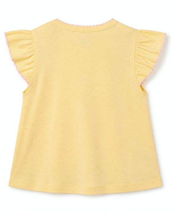 Babyhug 100% Cotton Knit Top with Frill Sleeves and Floral Embroidery - Yellow