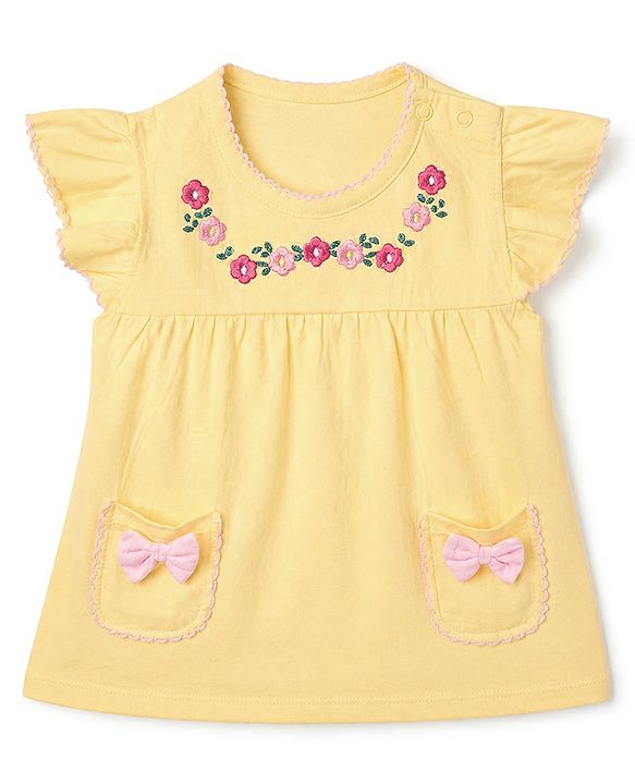 Babyhug 100% Cotton Knit Top with Frill Sleeves and Floral Embroidery - Yellow