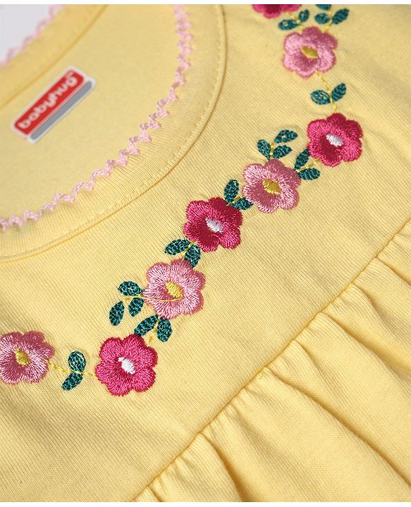 Babyhug 100% Cotton Knit Top with Frill Sleeves and Floral Embroidery - Yellow