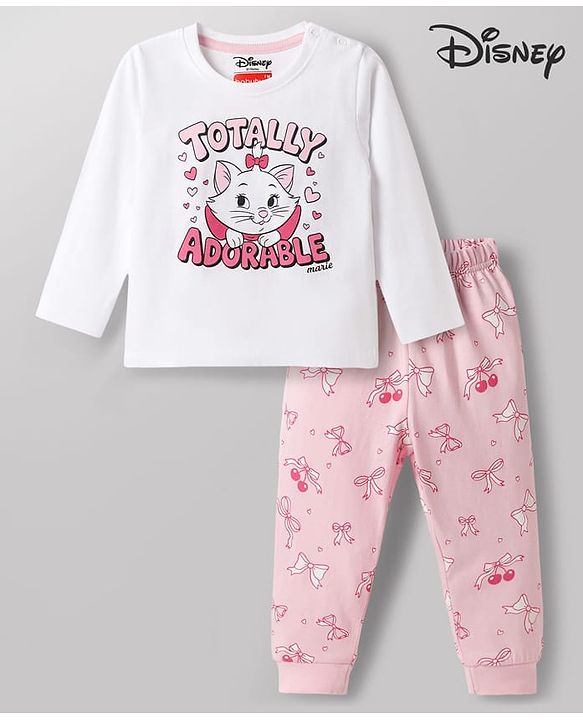 Babyhug Disney Single Jersey Full Sleeves T-Shirt & Pyjama Night Suit With Marie Graphics - Multicolor