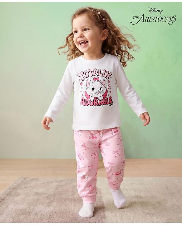 Babyhug Disney Single Jersey Full Sleeves T-Shirt & Pyjama Night Suit With Marie Graphics - Multicolor