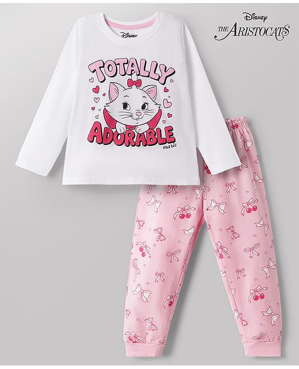 Babyhug Disney Single Jersey Full Sleeves T-Shirt & Pyjama Night Suit With Marie Graphics - Multicolor