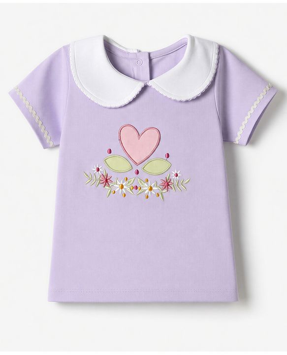 Babyhug 100% Cotton Knit Top with Half Sleeves and Floral Embroidery - Lavender