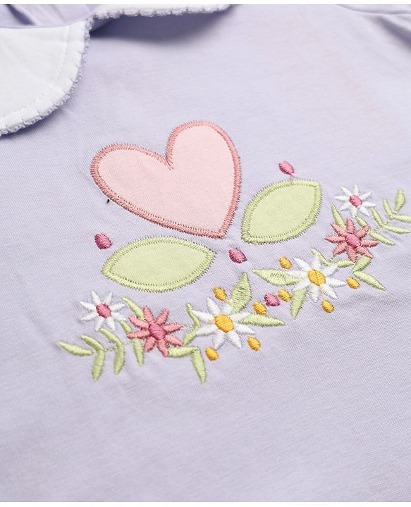 Babyhug 100% Cotton Knit Top with Half Sleeves and Floral Embroidery - Lavender