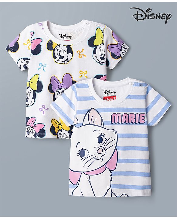 Babyhug Disney Single Jersey Knit Half Sleeves Tshirts With Mickey & Marie Graphic Pack of 2  - White