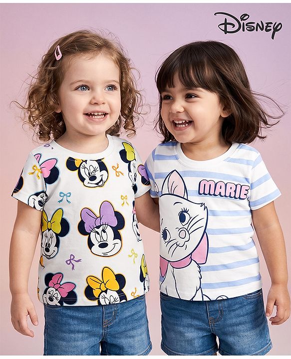 Babyhug Disney Single Jersey Knit Half Sleeves Tshirts With Mickey & Marie Graphic Pack of 2  - White